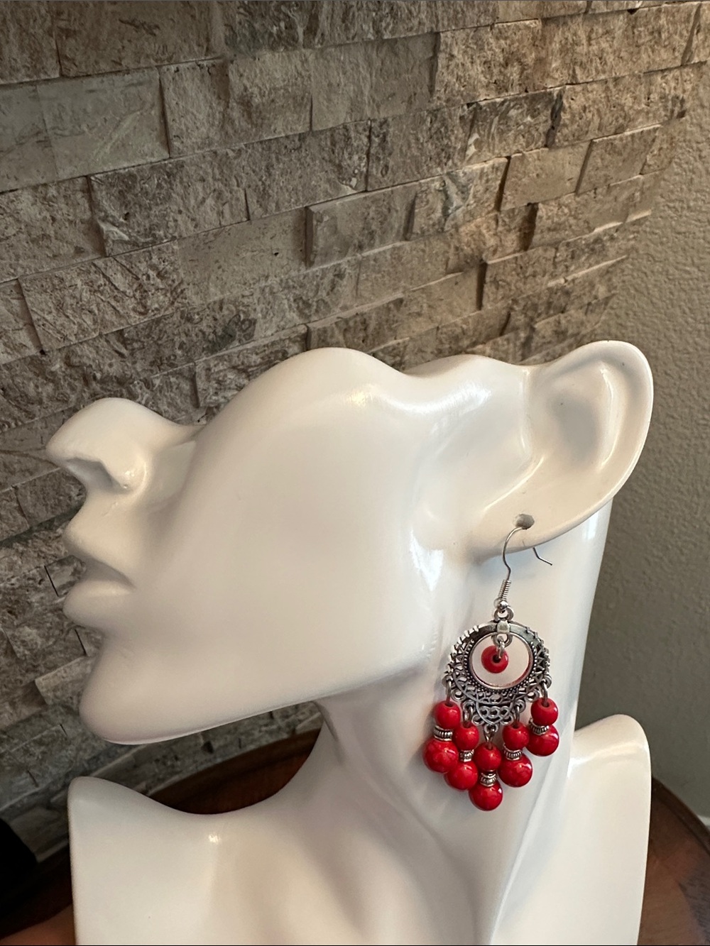 Red Beaded Filigree Drop Earrings - Women Jewelry - Picture 2 of 5